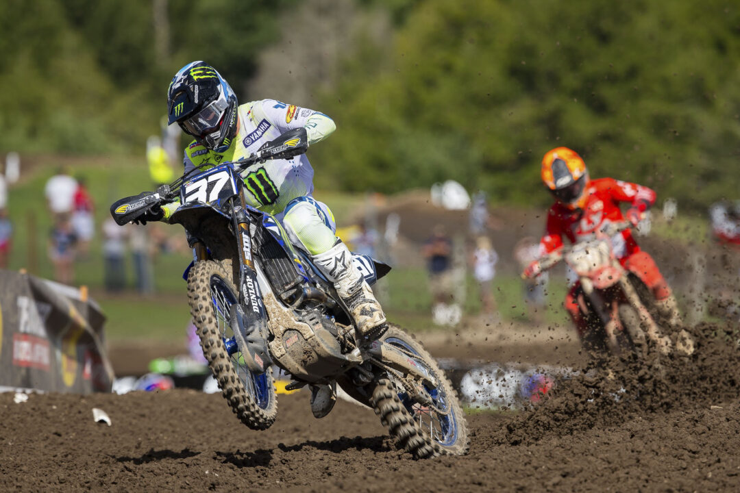 Waitoki's Cole Davies #37, 18, narrows in on the 250SMX Championship of the Pro Motocross Championship, sanctioned by AMA Pro Racing, with a 2-1 at Unadilla, New Berlin, New York, USA. Photo: SMX