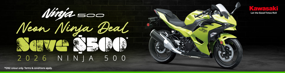 Promotional banner for Kawasaki Ninja 500 neon deal: 'Neon Ninja Deal' and 'Save $500' with a neon-yellow Ninja motorcycle on a dark background.