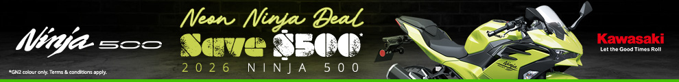 Neon Ninja Deal banner advertising 2026 Kawasaki Ninja 500 with Save $5000 offer and neon yellow-green motorcycle artwork