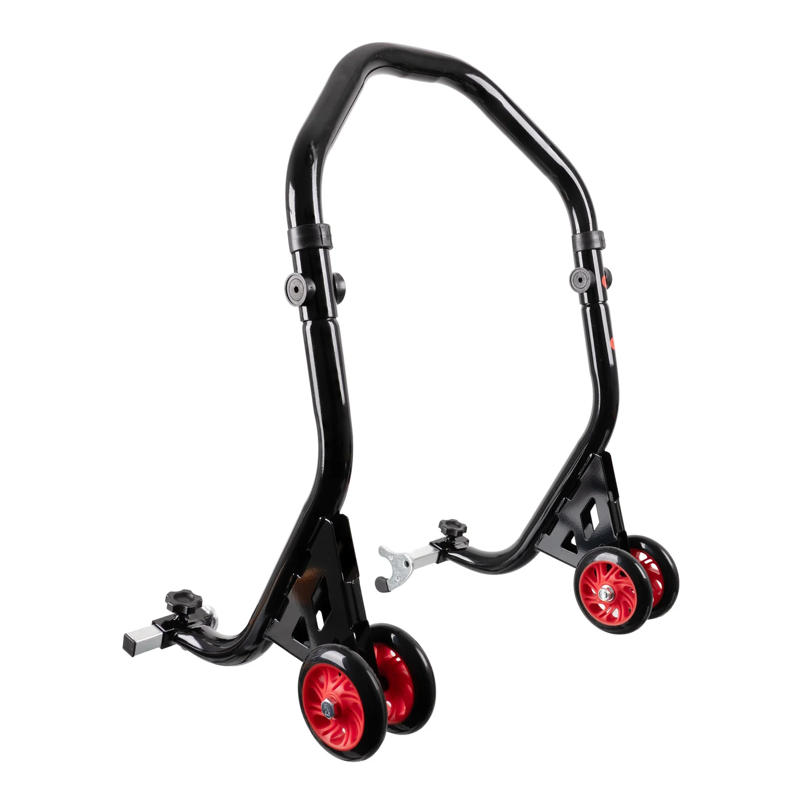 Black metal framwork with red wheels, likely a foldable wheeled cart or dolly section photographed from an angle.