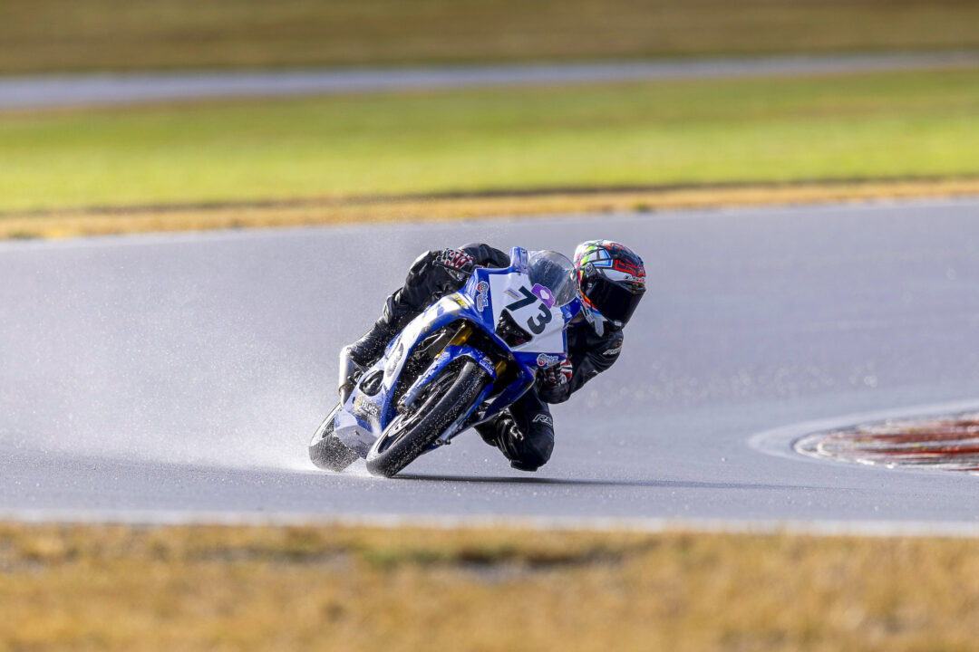 Hunter Charlett in the rain at Motomania Round 4 of the 2026 New Zealand Super Bike Championships held at Taupo Motorsport Park, Taupo, Waikato, New Zealand, March 14-15, 2026. Photo: MNZ/Derek Morrison