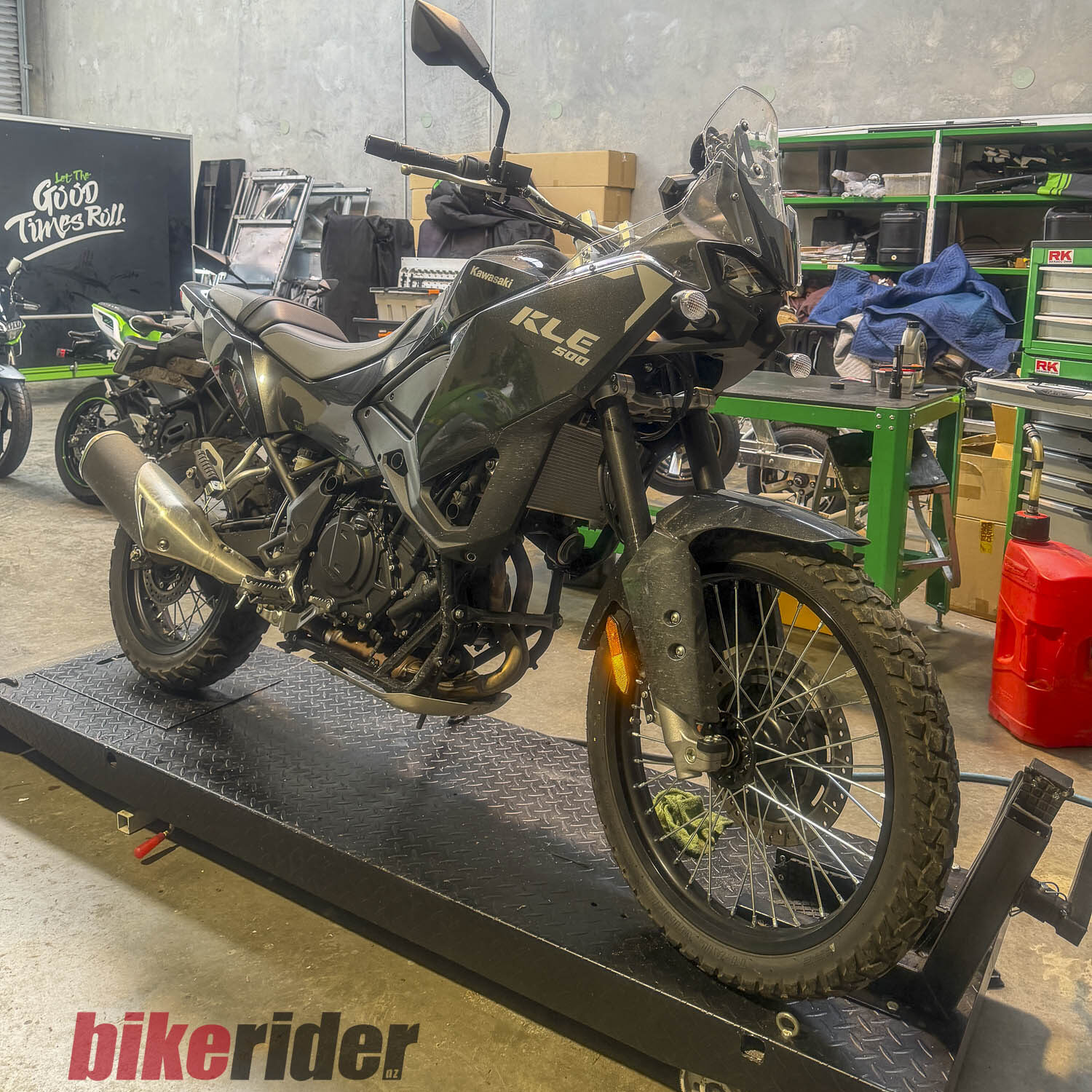 Kawasaki KLE500 on workshop bench for first service