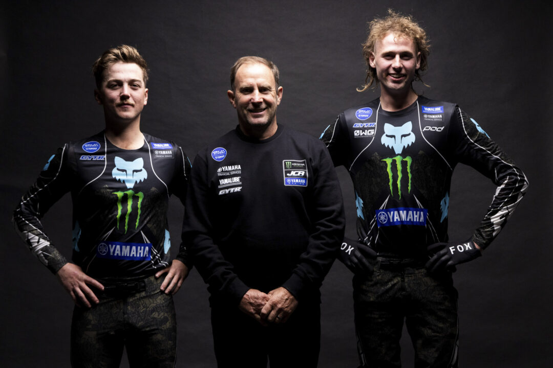 The 2026/2027 Monster Energy JCR Yamaha team members are (from left) MX2 rider James Scott, Team Manager Josh Coppins and MX1 rider Maximus Purvis. Absent is Nixon Coppins who will ride a Yamaha YZ125 in the MX125cc class. Photo credit: CD Photography.