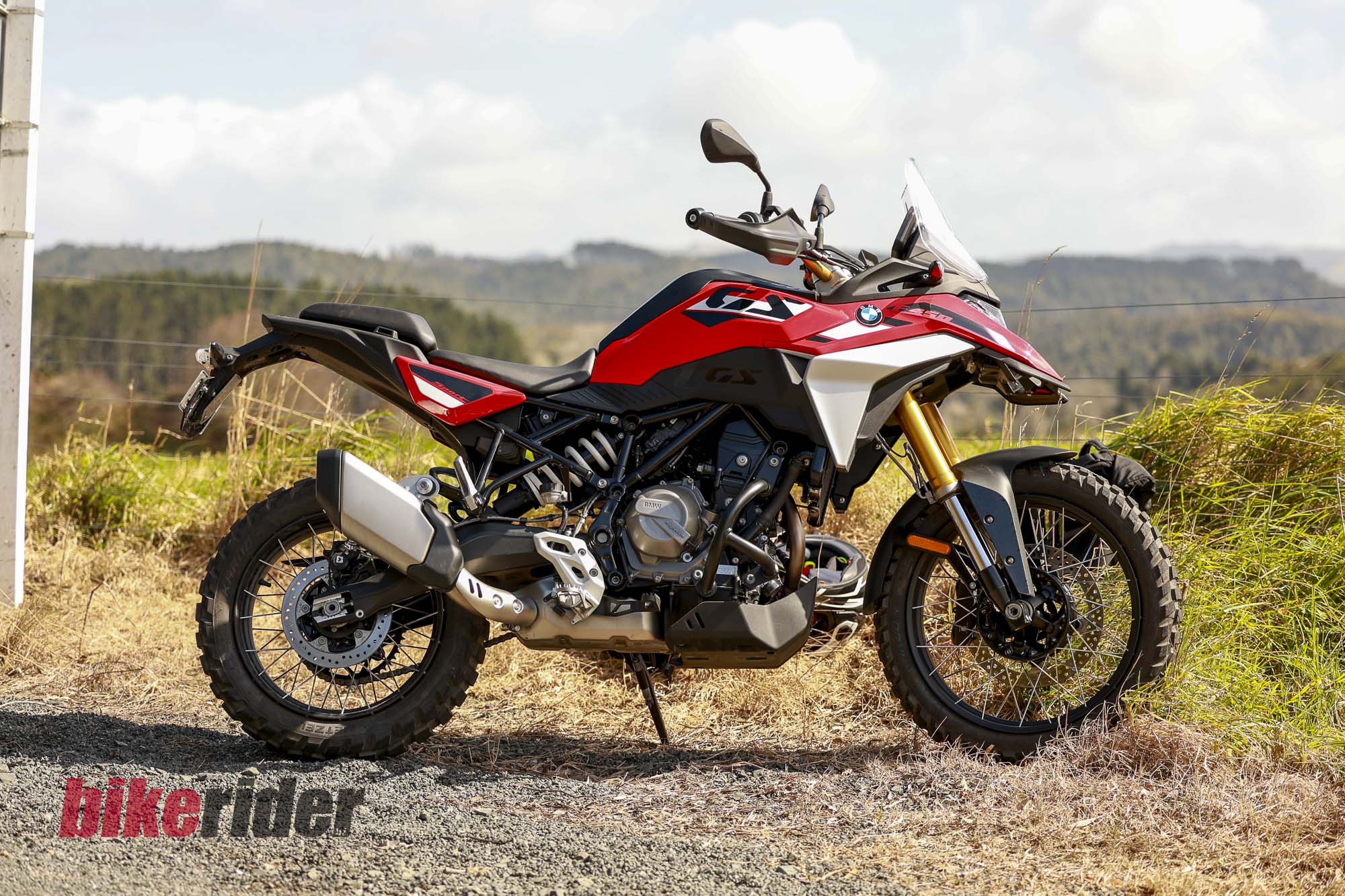 BMW F 450 GS parked beside a rural road