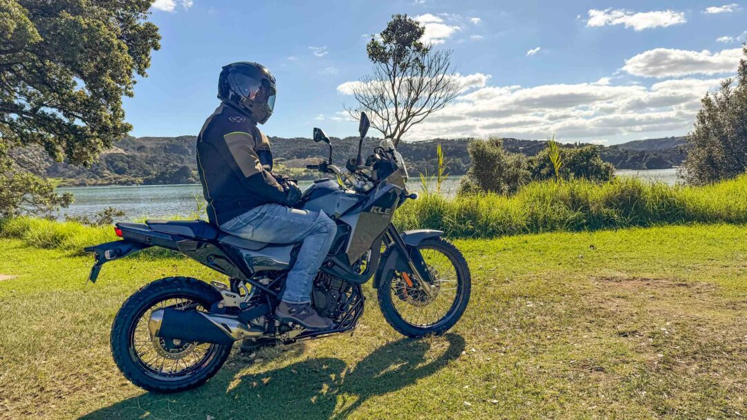 Kawasaki KLE500 parked by water at Raglan NZ