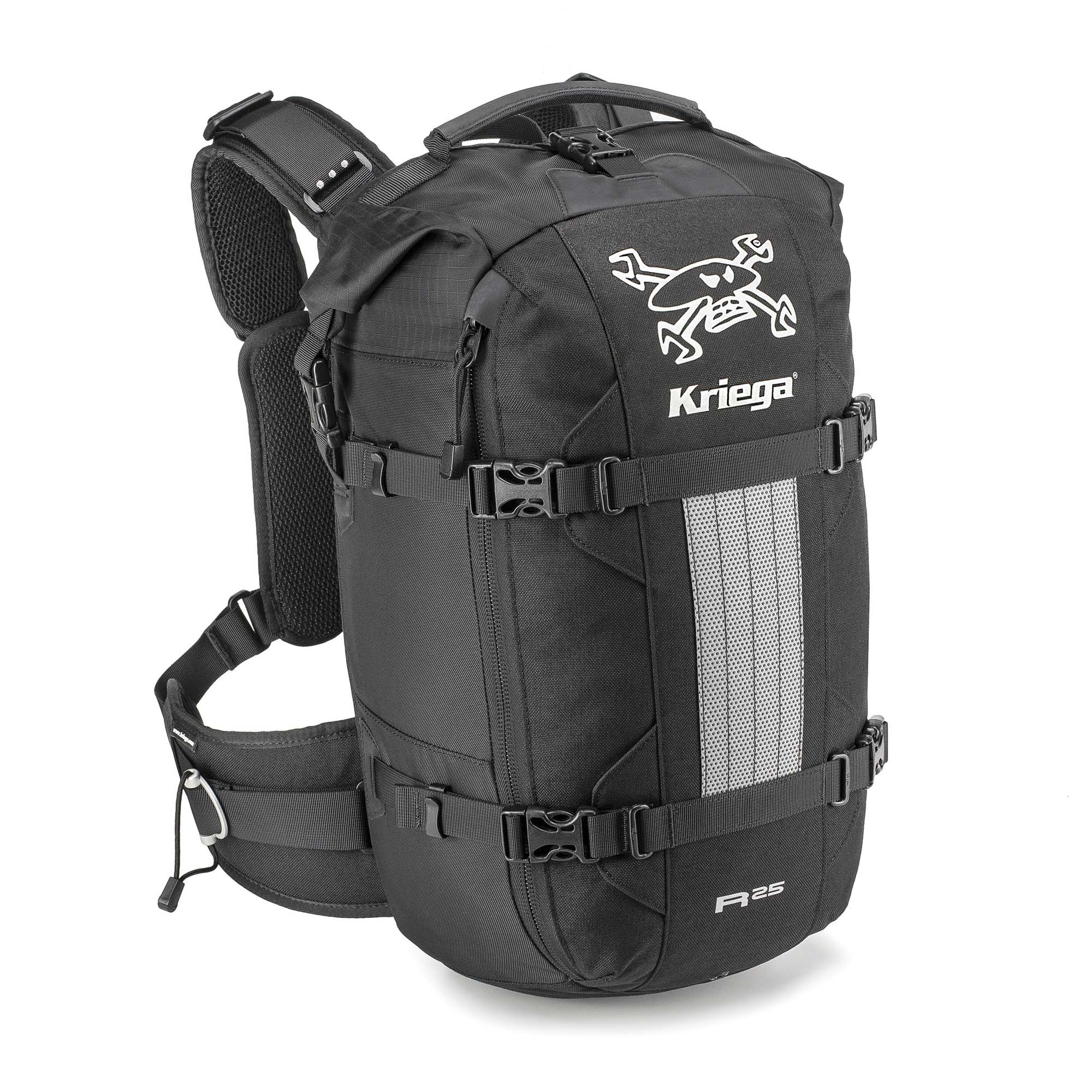 Kriega R25 Guy Martin Edition backpack with skull and spanners branding