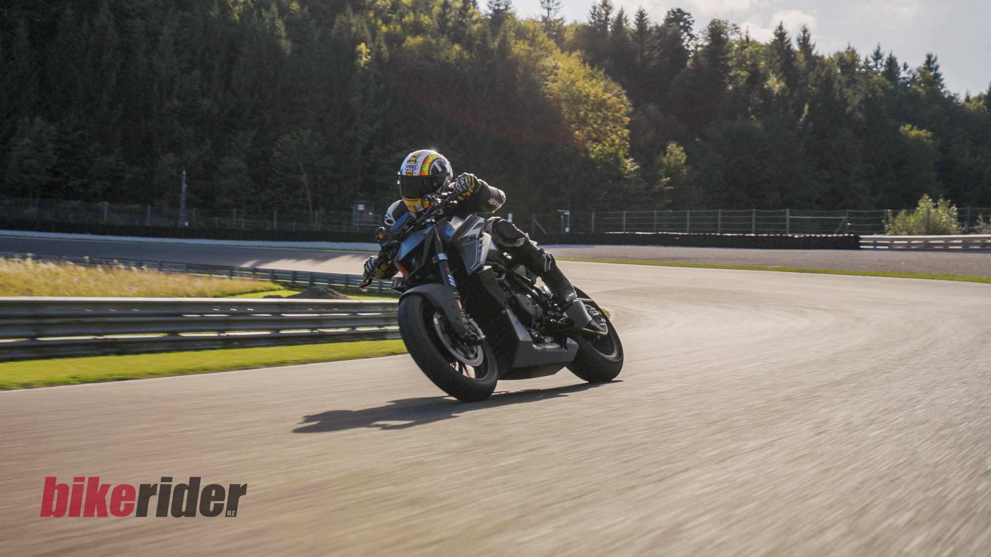 Adam Child riding the KTM 1390 Super Duke RR Track in afternoon light