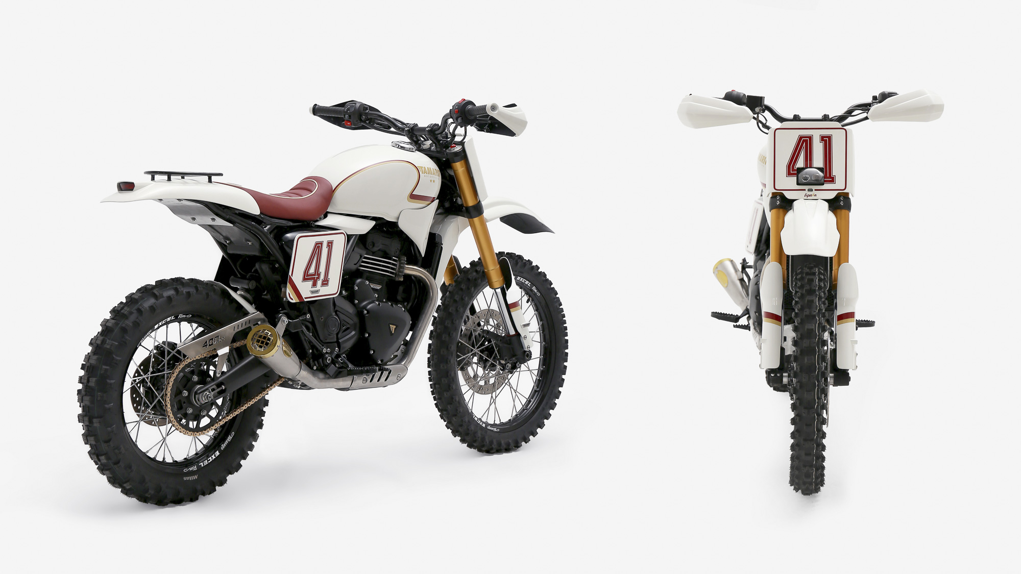 Paired rear and front views of the Tamarit Scrambler, showing the number 41 boards and small headlight