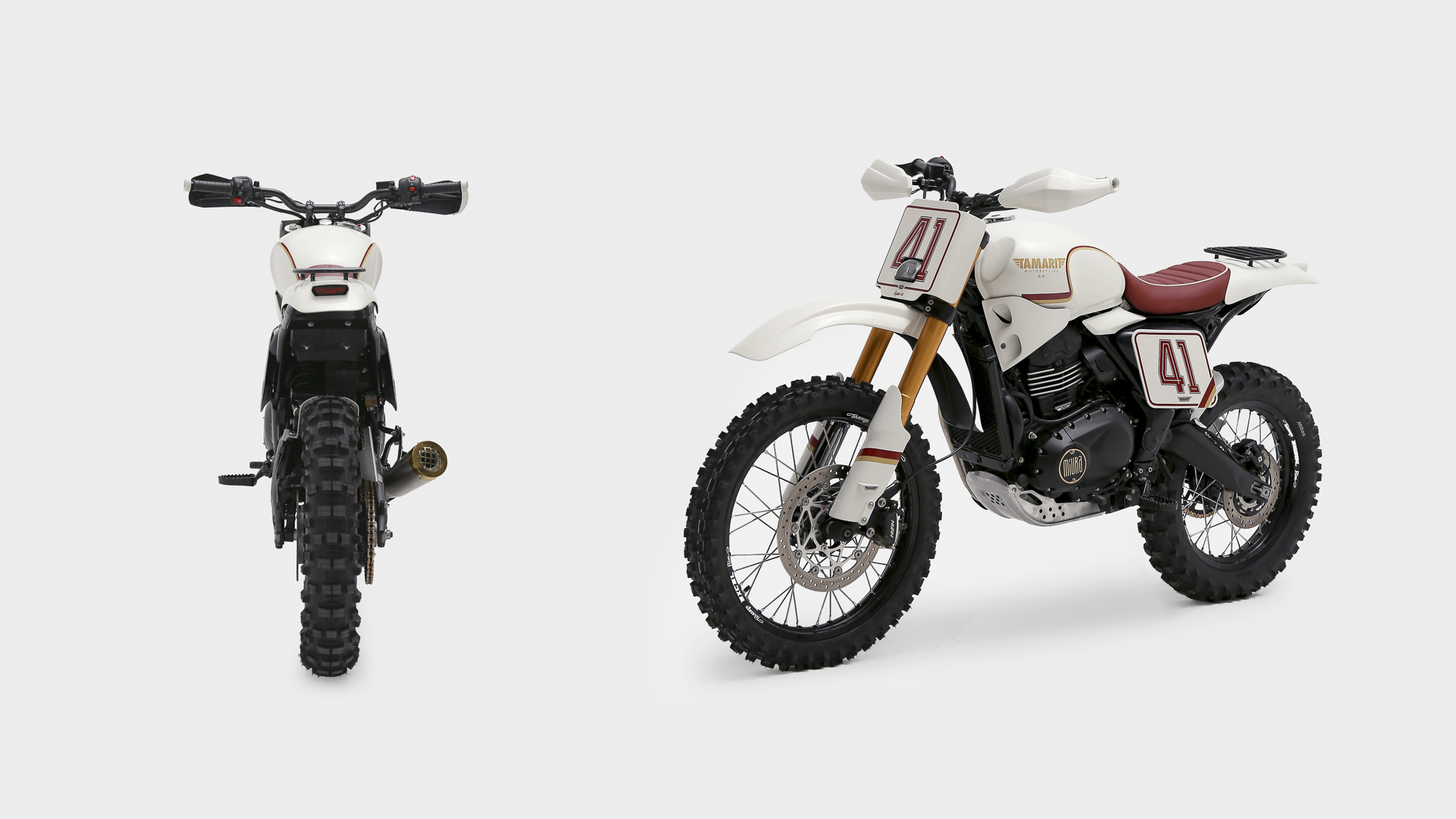 Paired rear and front three-quarter studio views of the Tamarit Scrambler 400 XC