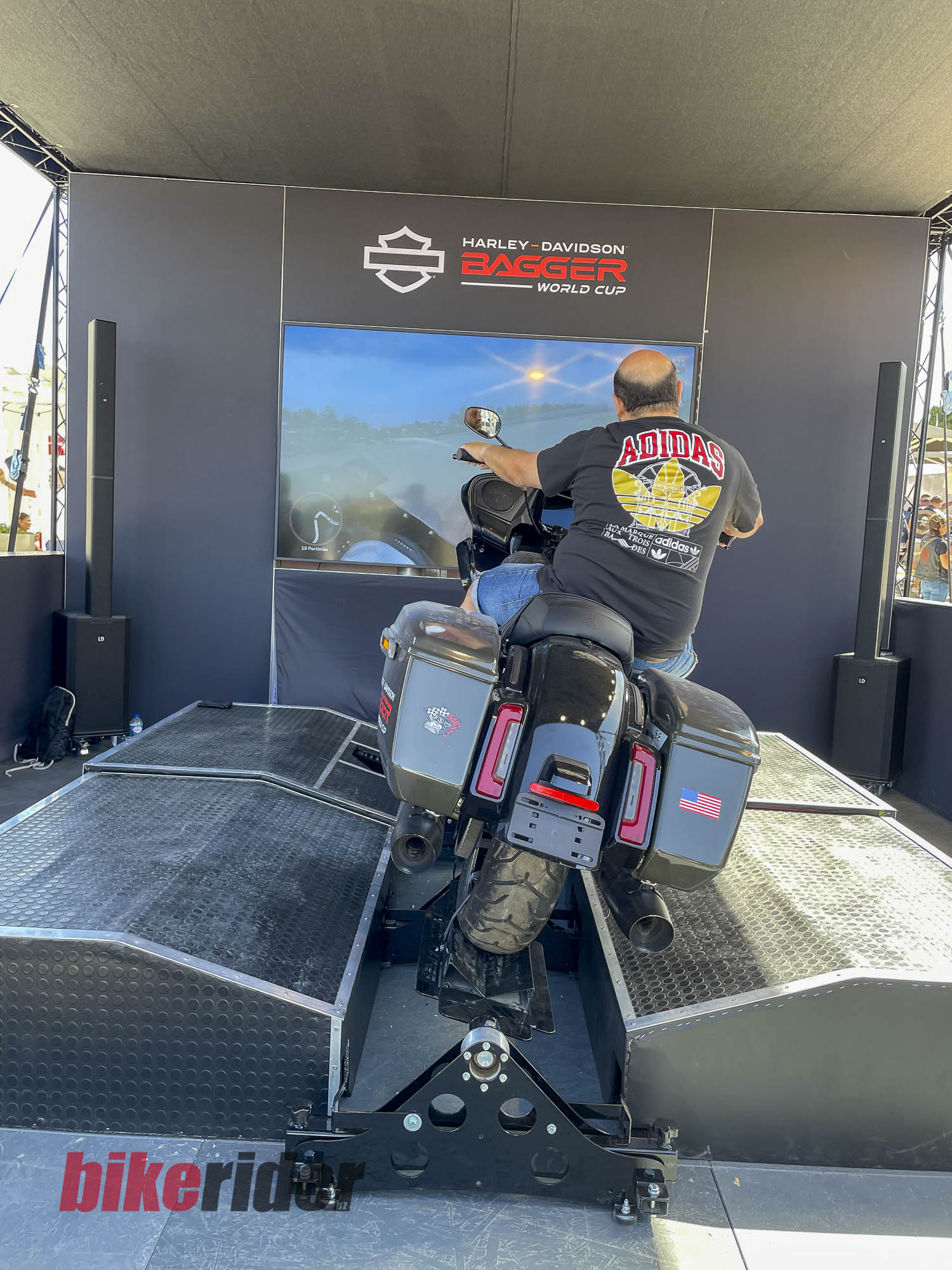 A rider trying the Harley-Davidson Bagger Racing Simulator
