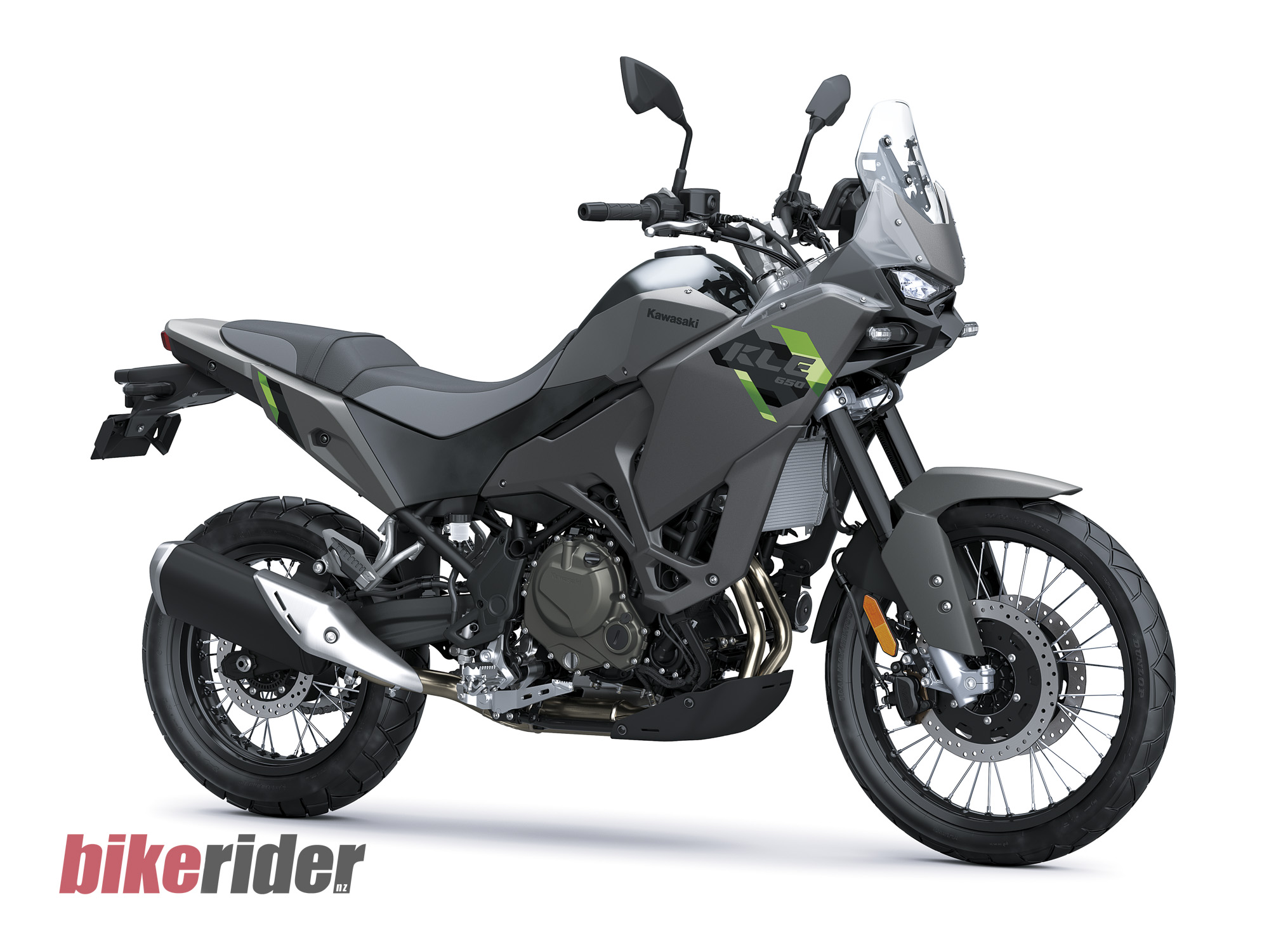 Dark grey 2027 Kawasaki KLE650 viewed from the front right against a white background