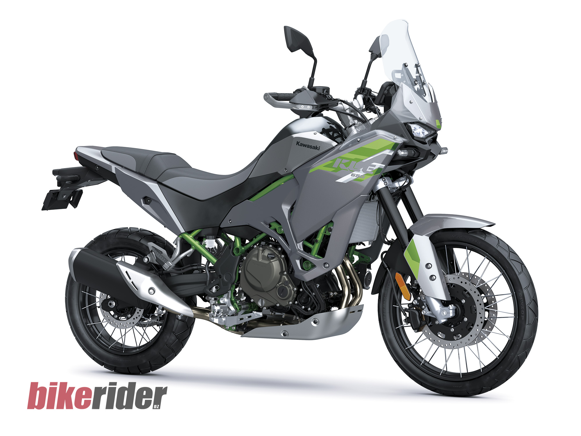 Grey and green 2027 Kawasaki KLE650 viewed from the front right against a white background
