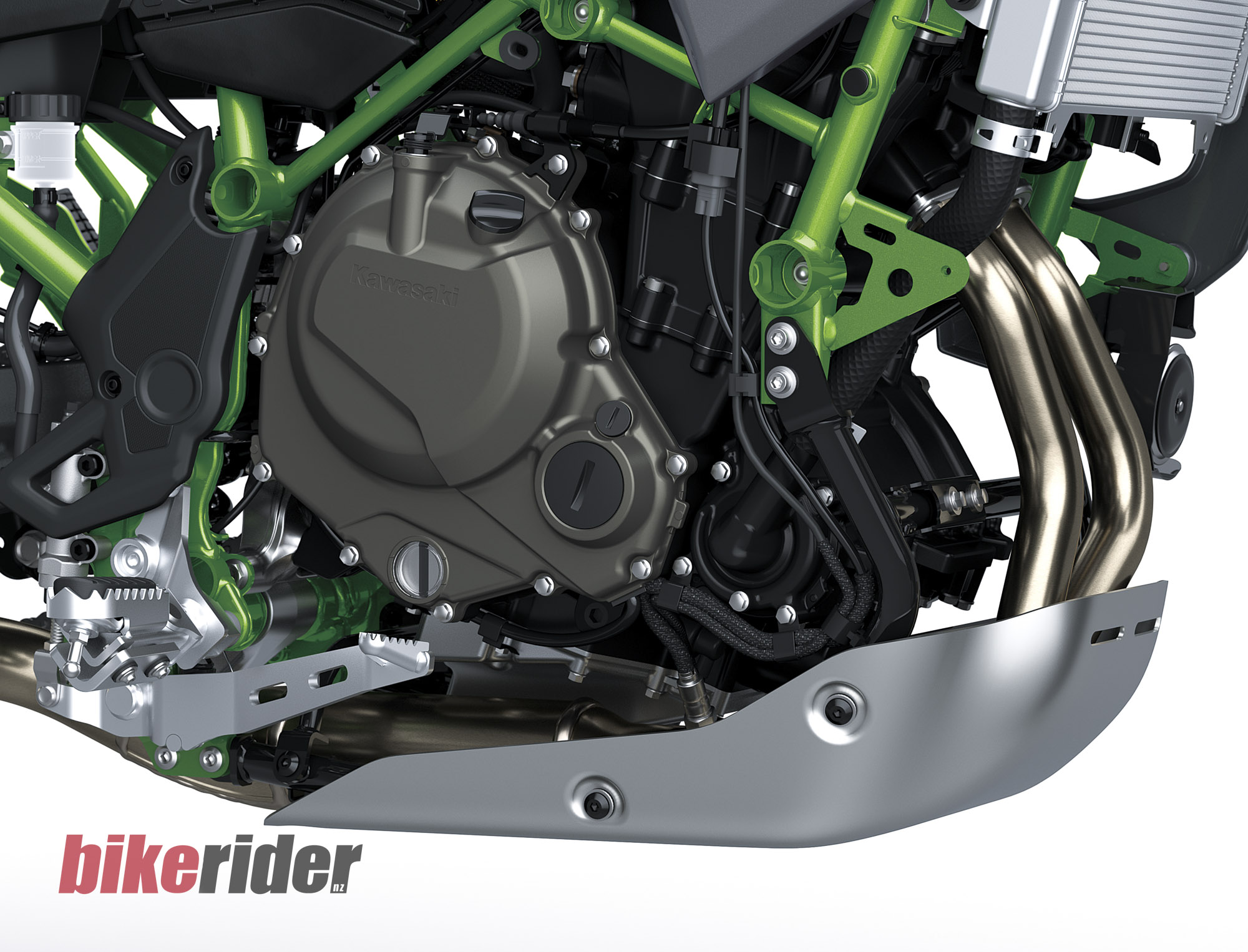 Parallel-twin engine, exhaust headers and skid plate on the 2027 Kawasaki KLE650
