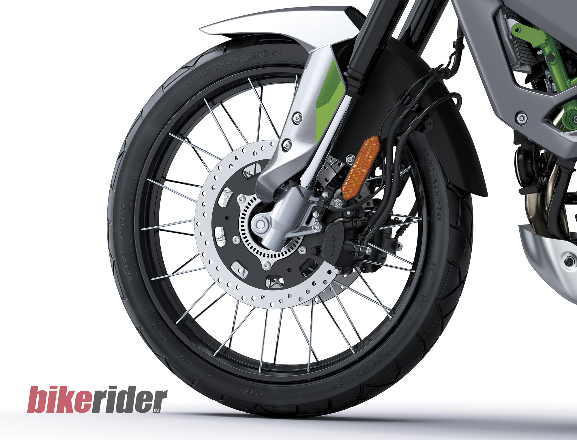 Front spoked wheel, fork and disc brake on the 2027 Kawasaki KLE650