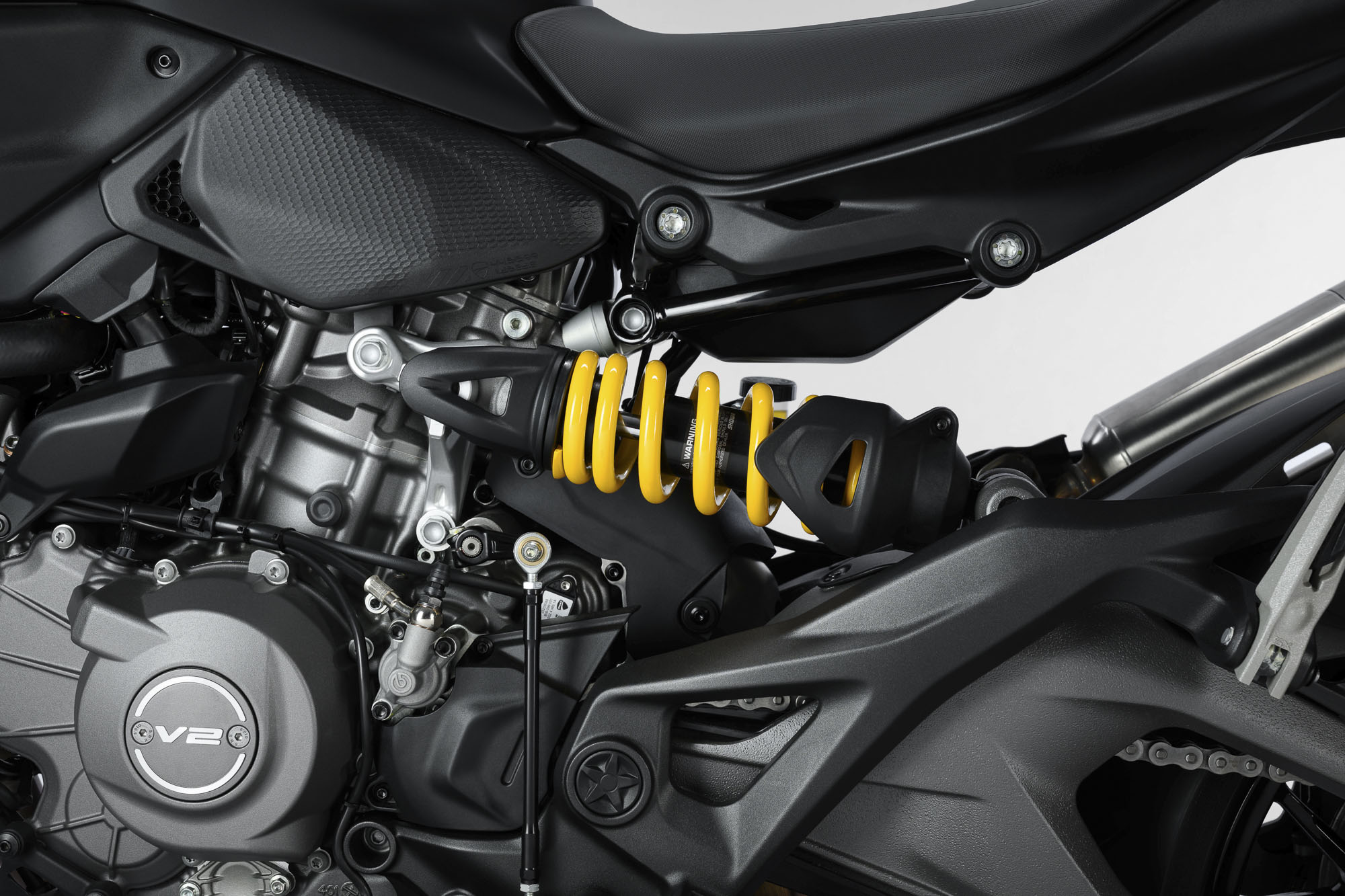 Ducati Monster Dark V2 engine and Showa rear shock detail