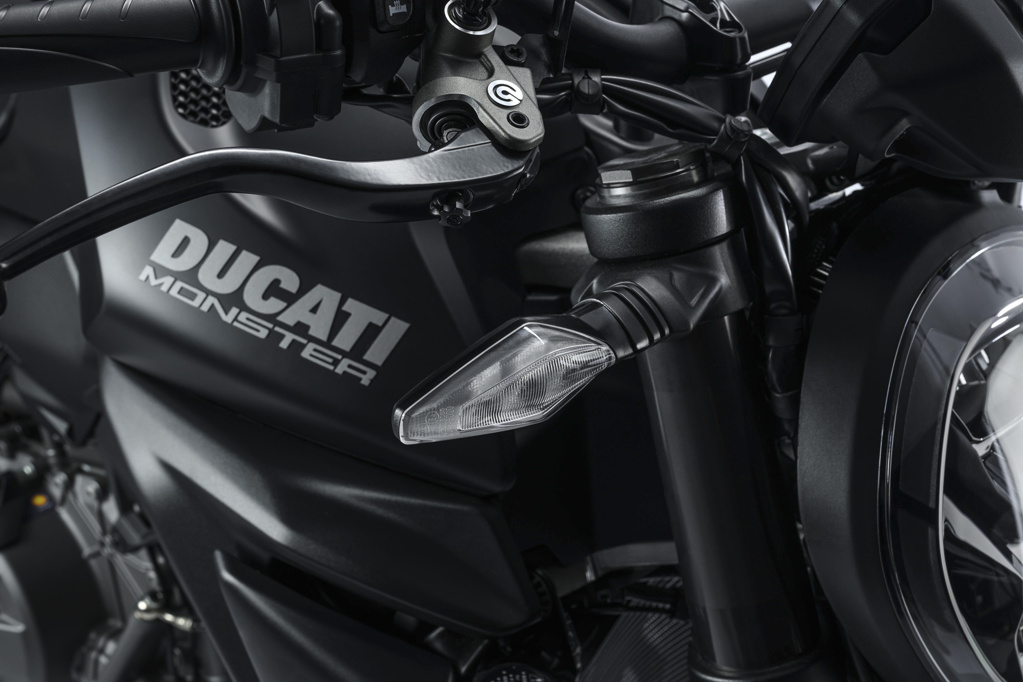 Ducati Monster Dark black fuel tank and front controls detail