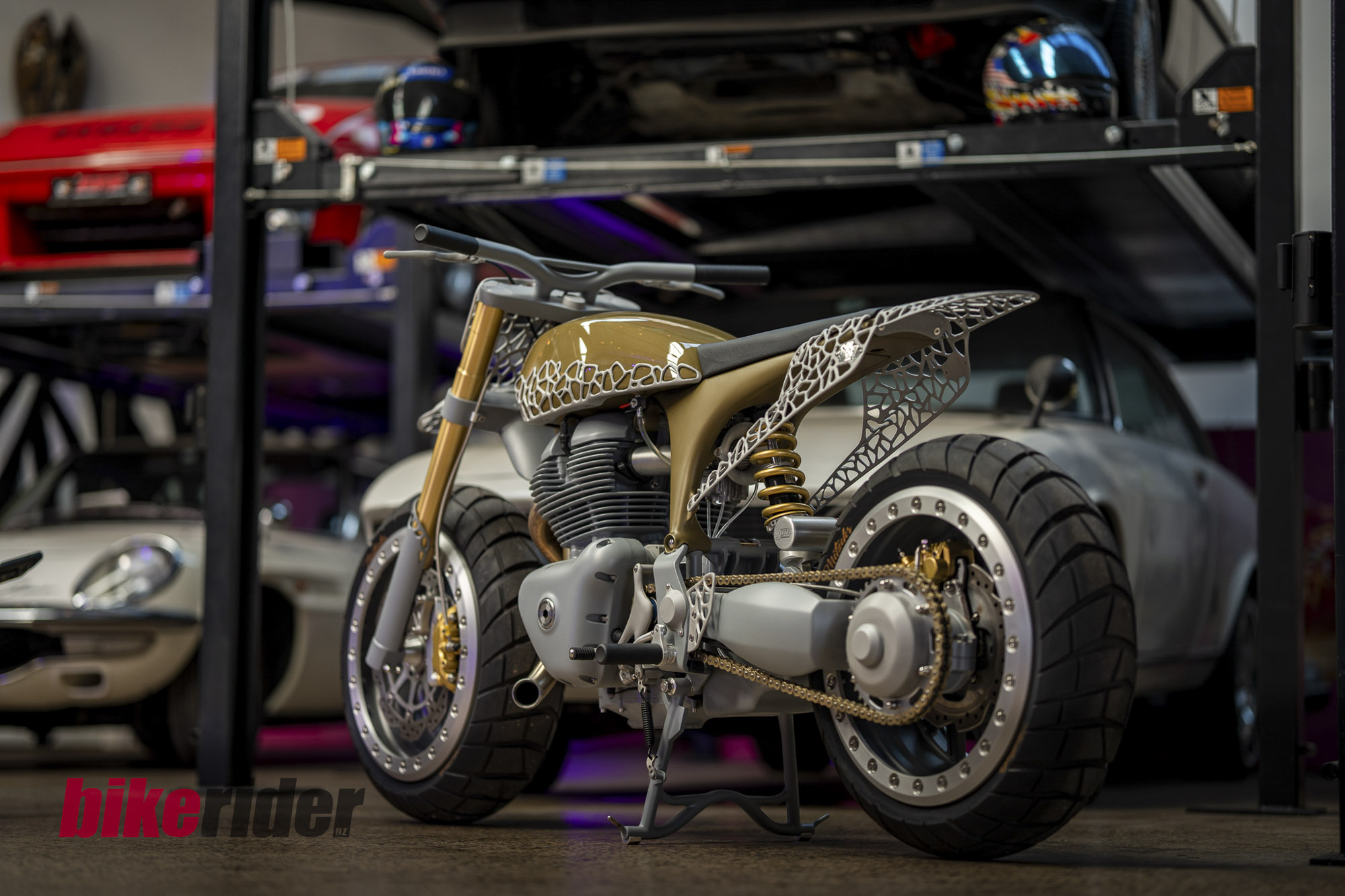 Project MEGA custom Royal Enfield Bear 650, rear three-quarter view in the workshop