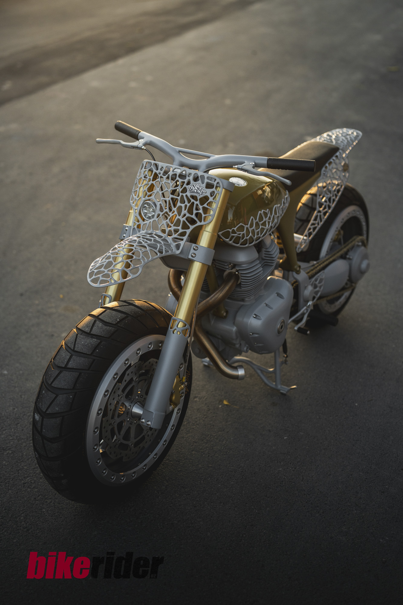 Project MEGA custom motorcycle front three-quarter view