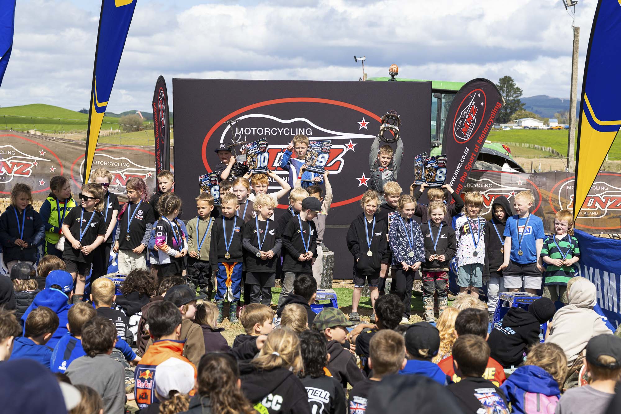 20261004-20261004_MiniMX_3392 The Intro Trail 50 class podium (from left): Cooper Whyte (2nd), Oakley McGechan (1st) and Jack Annals at the 2026 NZ Mini Motocross Nationals