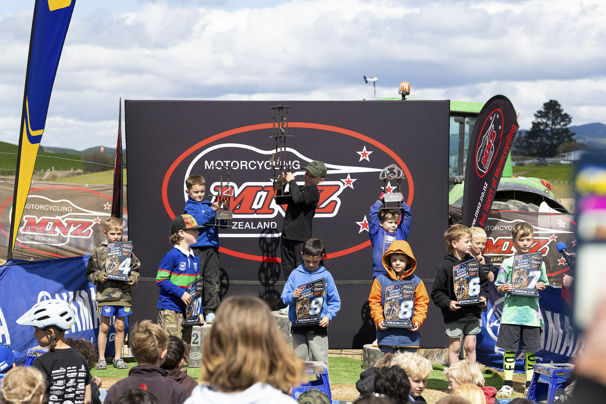 20261004-20261004_MiniMX_3397 The Intro MX50 class podium (from left): Mac Speirs (2nd), Lukas Baker (1st) and Max Welsh at the 2026 NZ Mini Motocross Nationals
