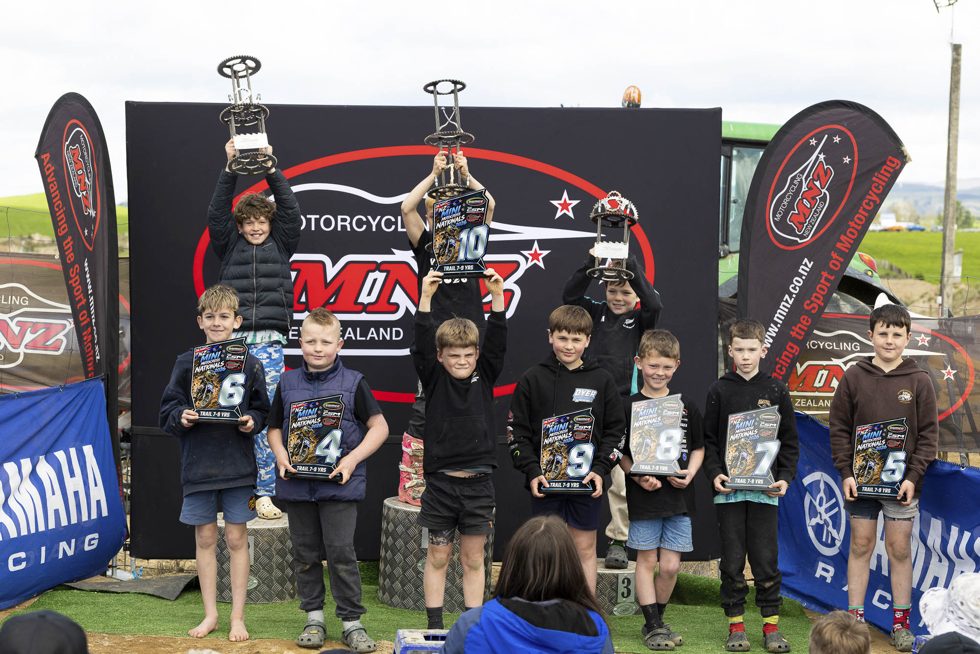 20261004-20261004_MiniMX_3463 The Trail 7-9 Years class podium (from left): Jett Schmidt (2nd), Karter Tupaea (1st) and Charlie Dowman at the 2026 NZ Mini Motocross Nationals