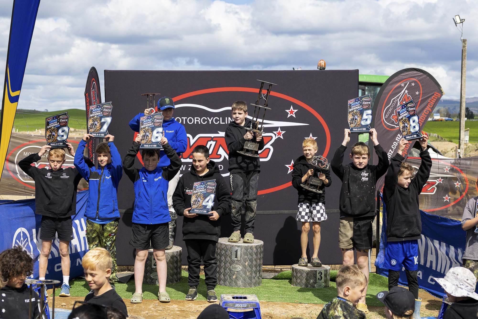 20261004-20261004_MiniMX_3486 The Trail 8-11 Years class podium (from left): Brax Lee (2nd), Jack Bunn (1st) and Kieran Dobbs (3rd) at the 2026 NZ Mini Motocross Nationals
