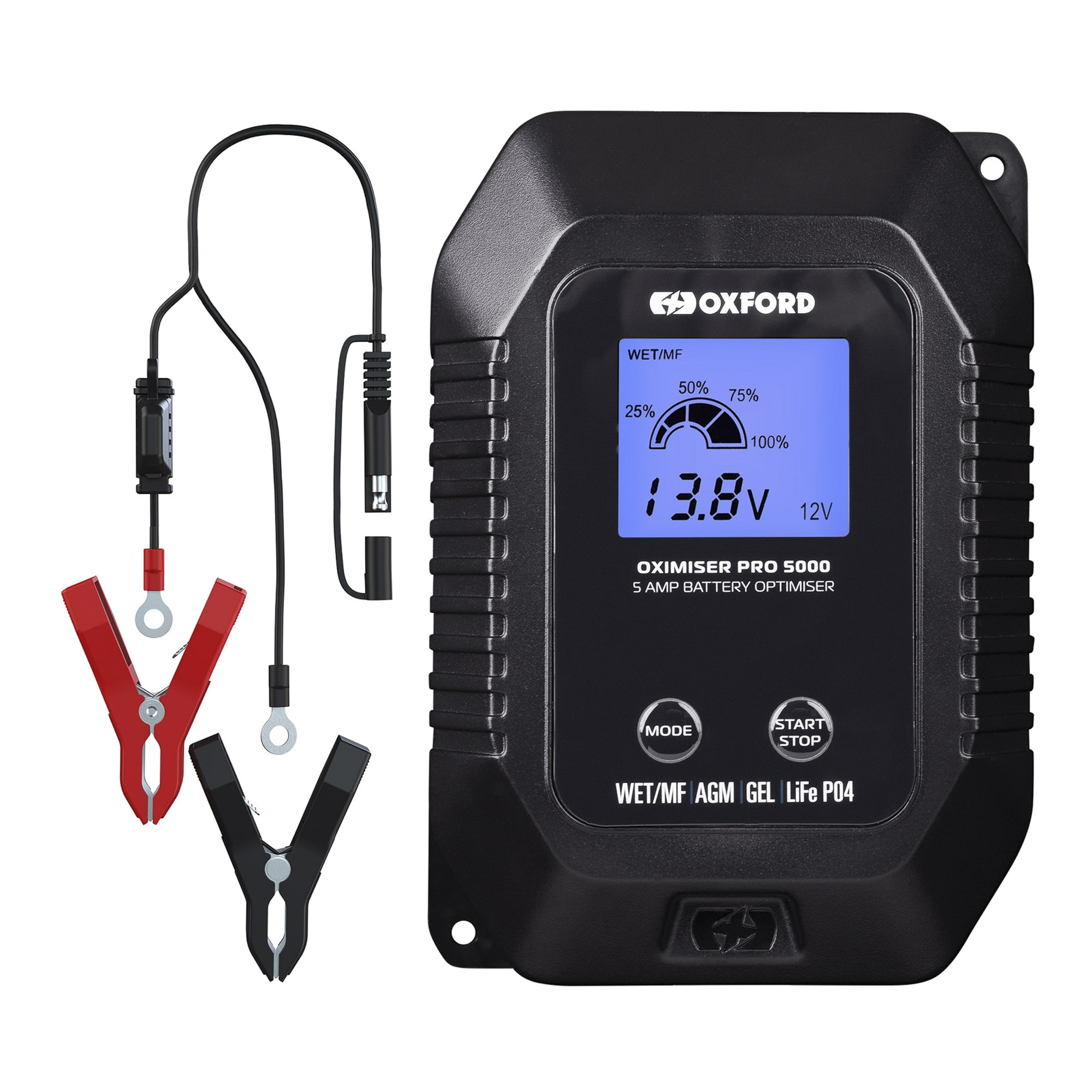 Oxford Oximiser Pro 5000 battery charger with LCD display and connection leads