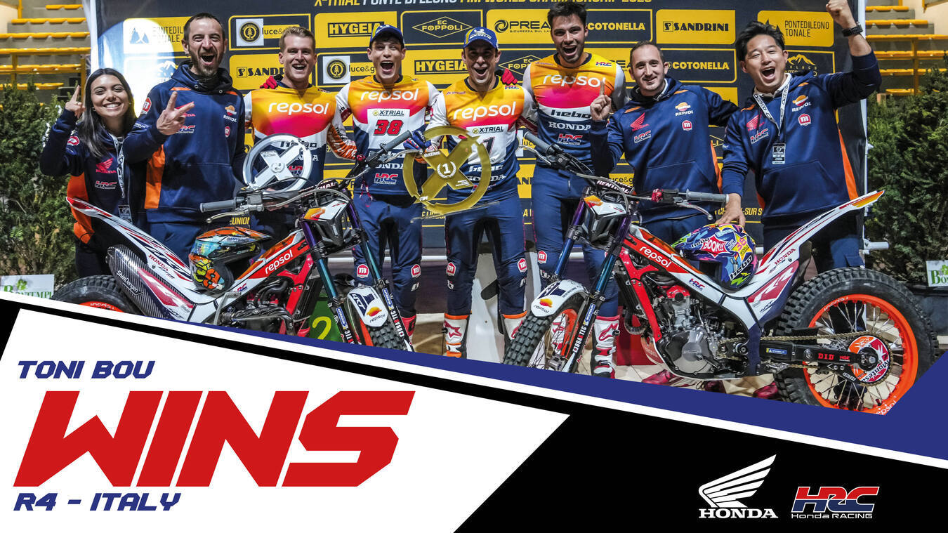 Repsol Honda HRC trials team with their motorcycles