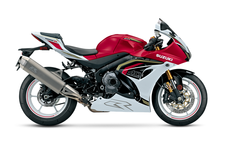 Official Suzuki studio image of the red and white 2027 GSX-R1000R, right-side view