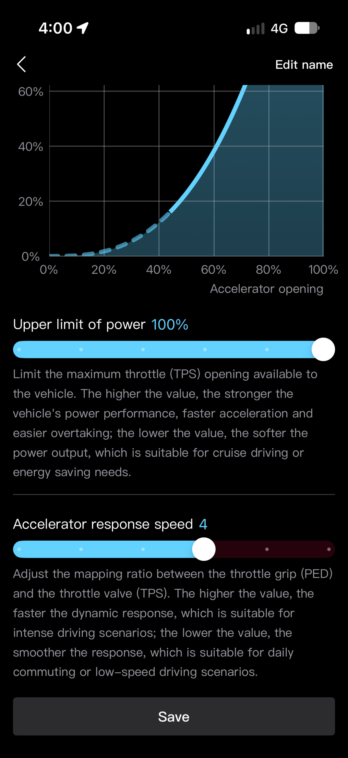 CFMOTO 1000MT-X Master Mode settings at 100 percent power and response level four