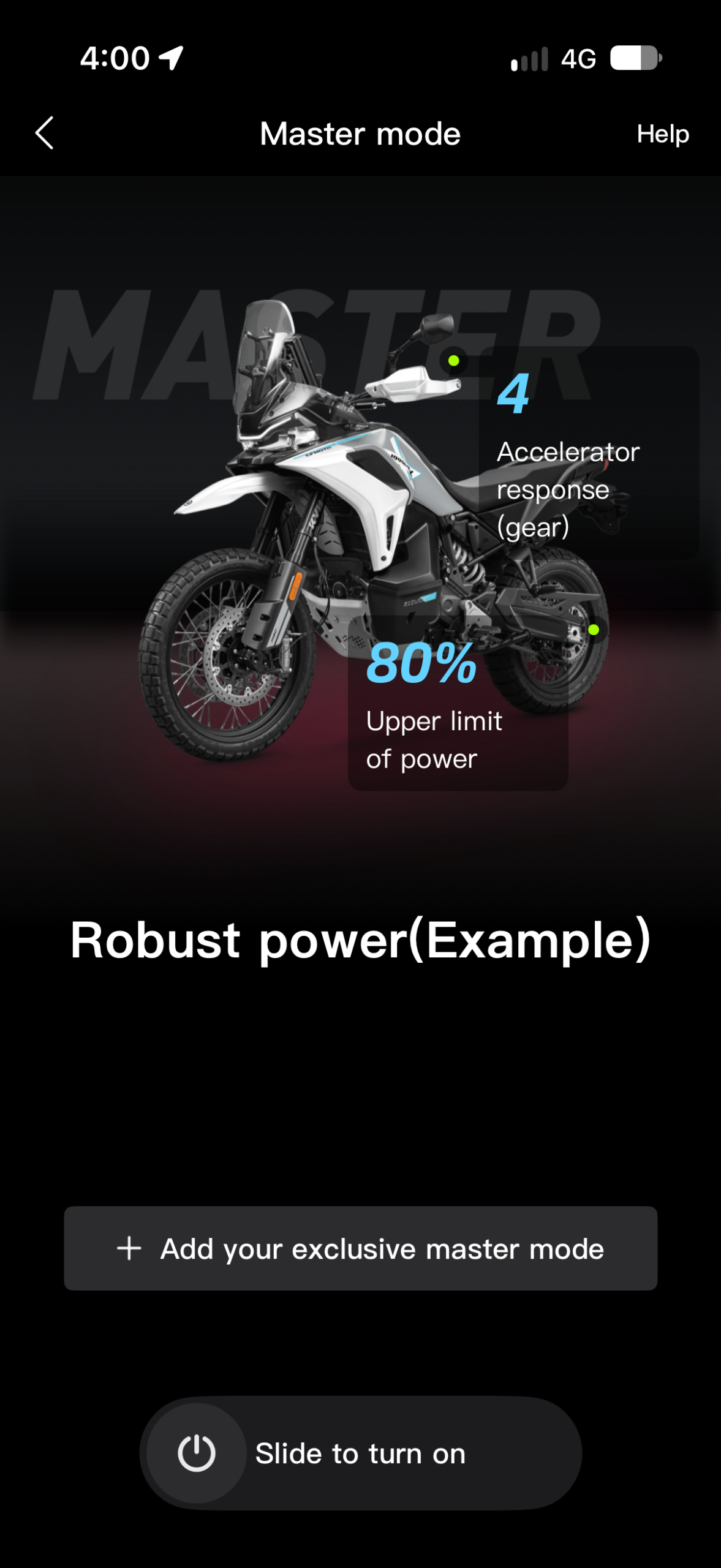 CFMOTO 1000MT-X Master Mode app showing an example with 80 percent power and response level four