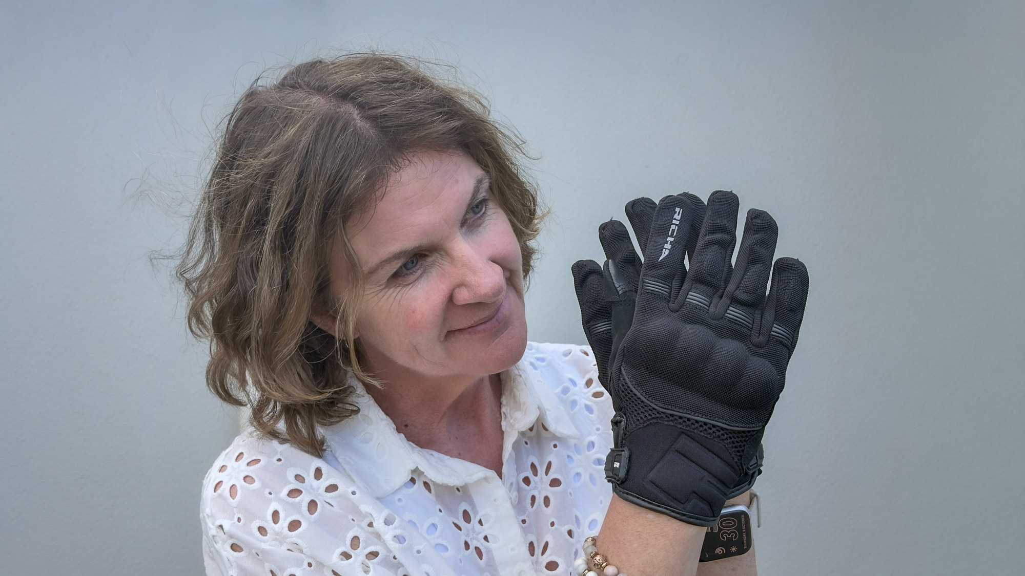 Kerry wearing Richa Scope women’s motorcycle gloves