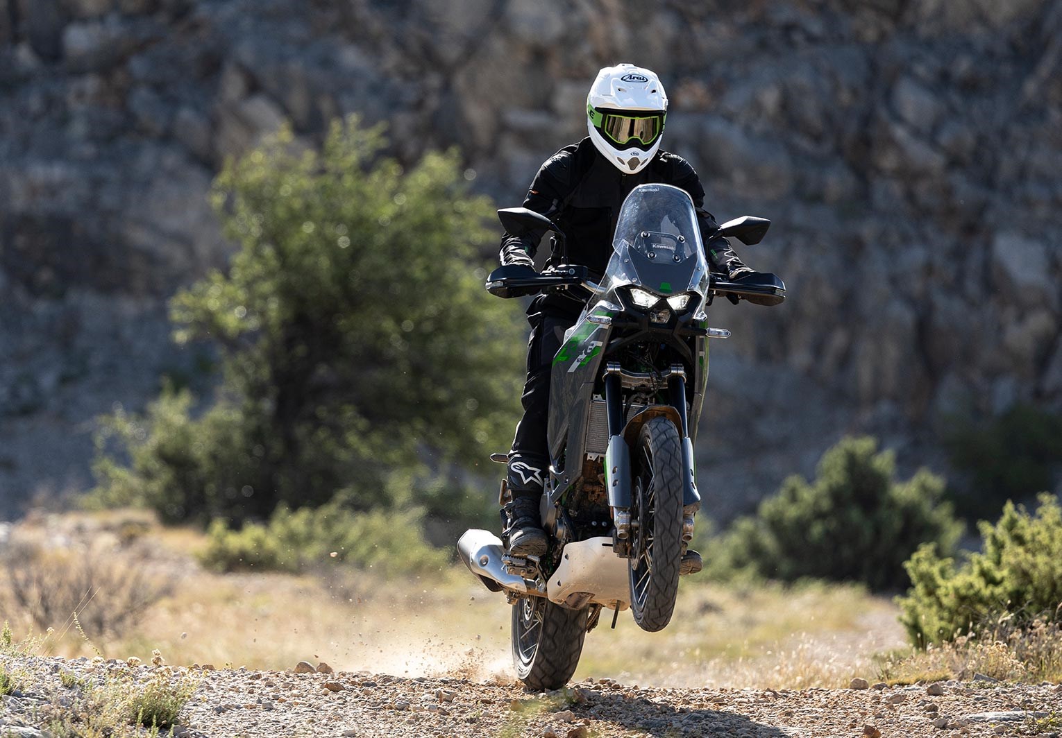 Kawasaki KLE650 rider on forest trail