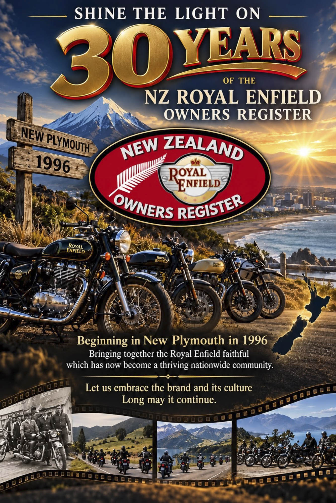 NZ Royal Enfield Owners Register 30th anniversary poster celebrating its beginnings in New Plymouth in 1996